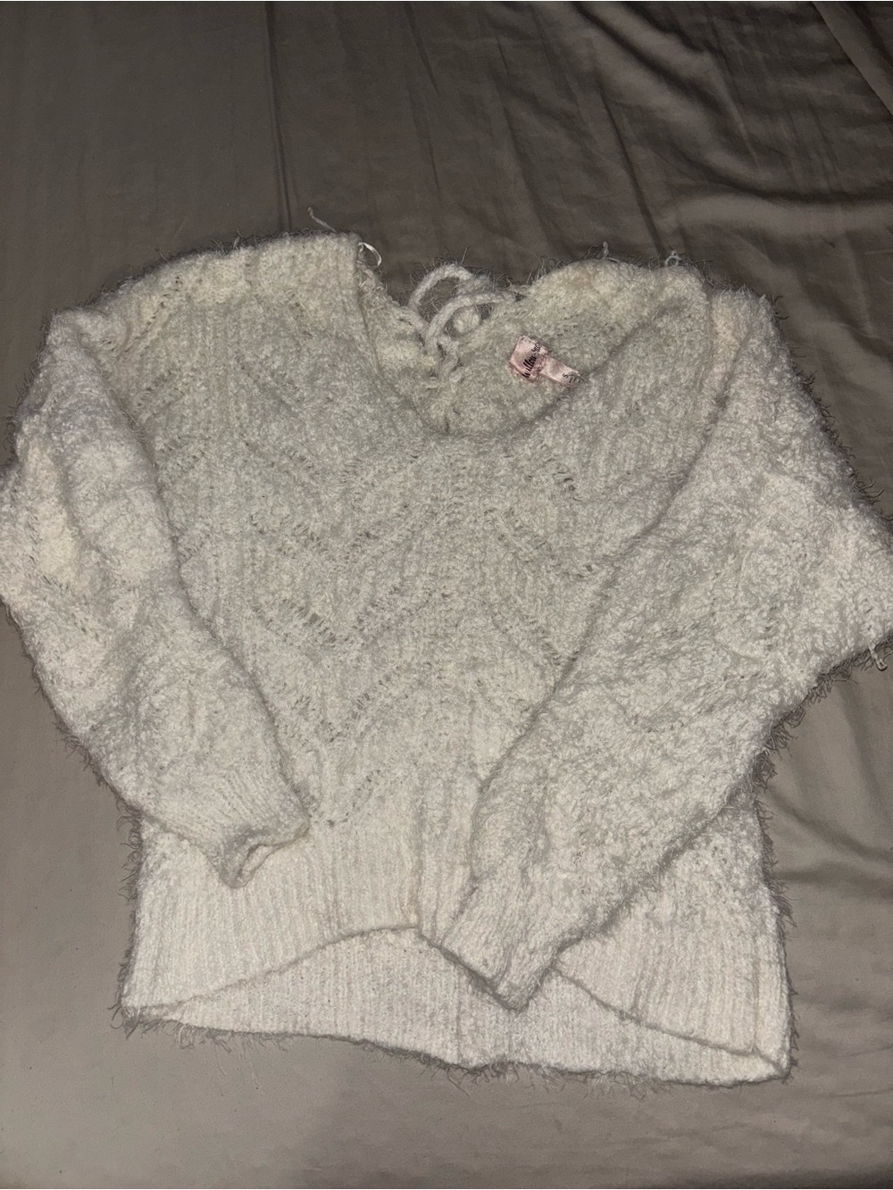 Fuzzy Ivory V-Neck Lace-Up Women's Sweater